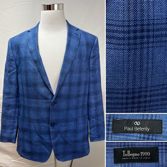 Paul Betenly Men’s 46R Linen Cotton Blue Plaid Tollegno 1900 Blazer Jacket - Picture 1 of 8
